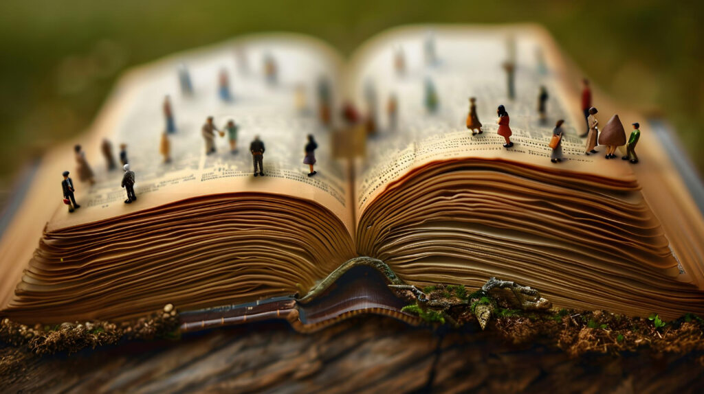 Hardback book open with small figures of people standing over the open pages