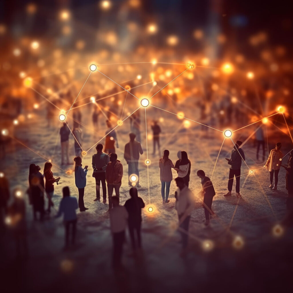 Silhouettes of people connected by glowing lines and orbs