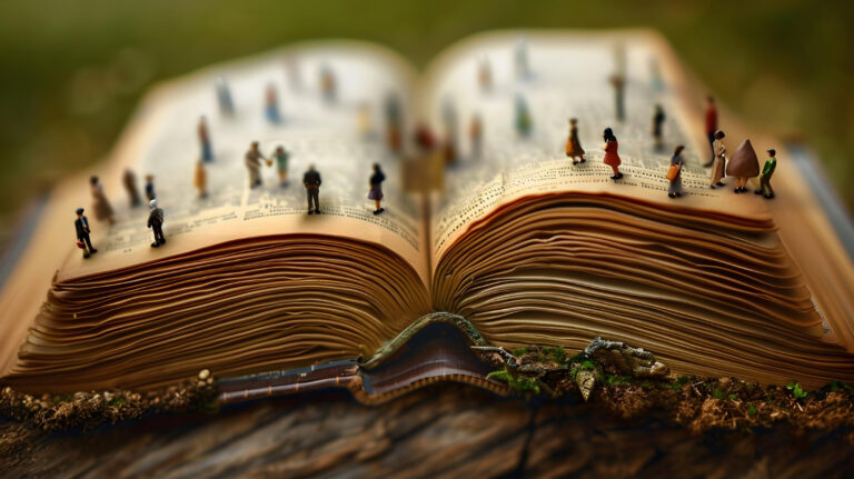 Hardback book open with small figures of people standing over the open pages