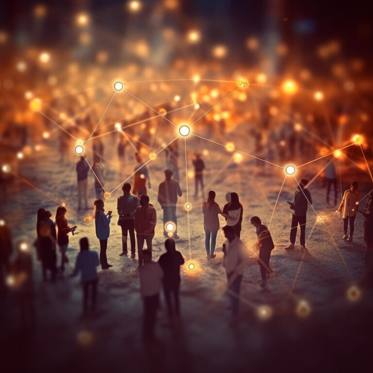Silhouettes of people connected by glowing lines and orbs